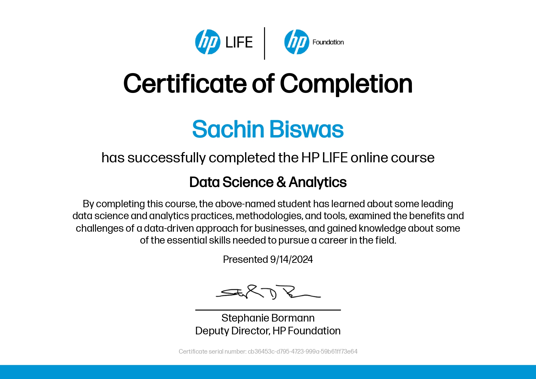 Data Science and Analytics certificate
